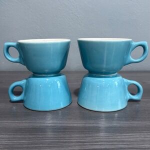 Vintage Buffalo China USA Blue Restaurant Ware Coffee Cups Set of 4 Turquoise